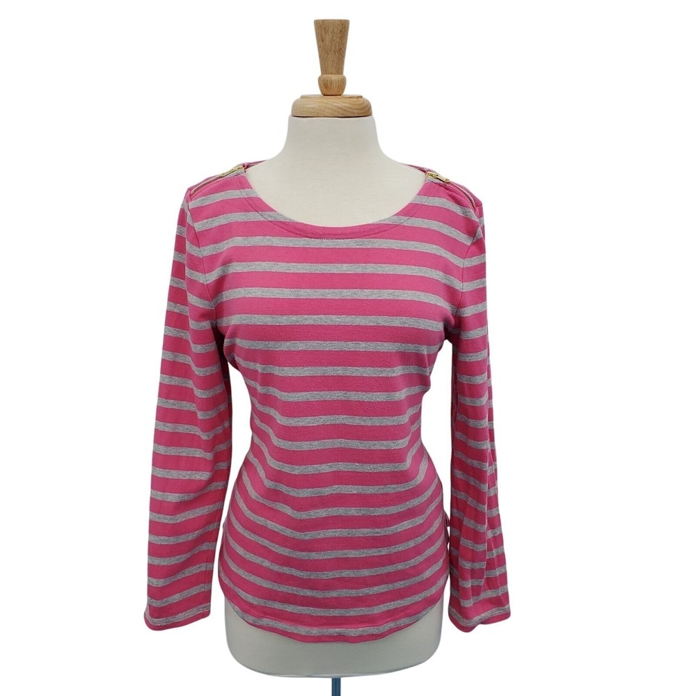 Talbots Womens L Pink Gray Striped Cotton Knit Top Long Sleeve Gold Shoulder Zip